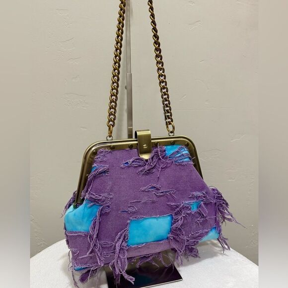 Unique Colorblock Cowhide Leather with Ripped Canvas, Metal Frame Bag, Crossbody - Picture 2 of 16